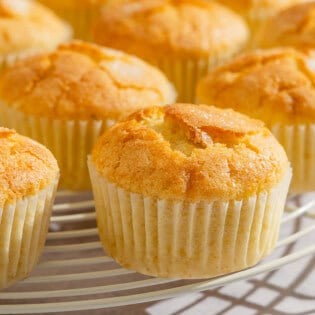 Several magdalenas evenly spaced on a round wire rack.