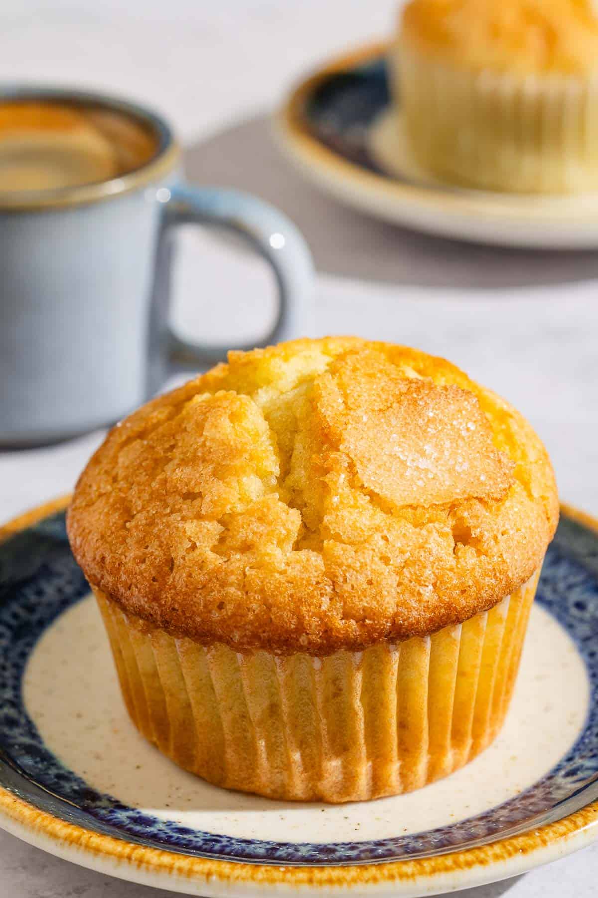A close up of a magdalena on a blue and gold plate.
