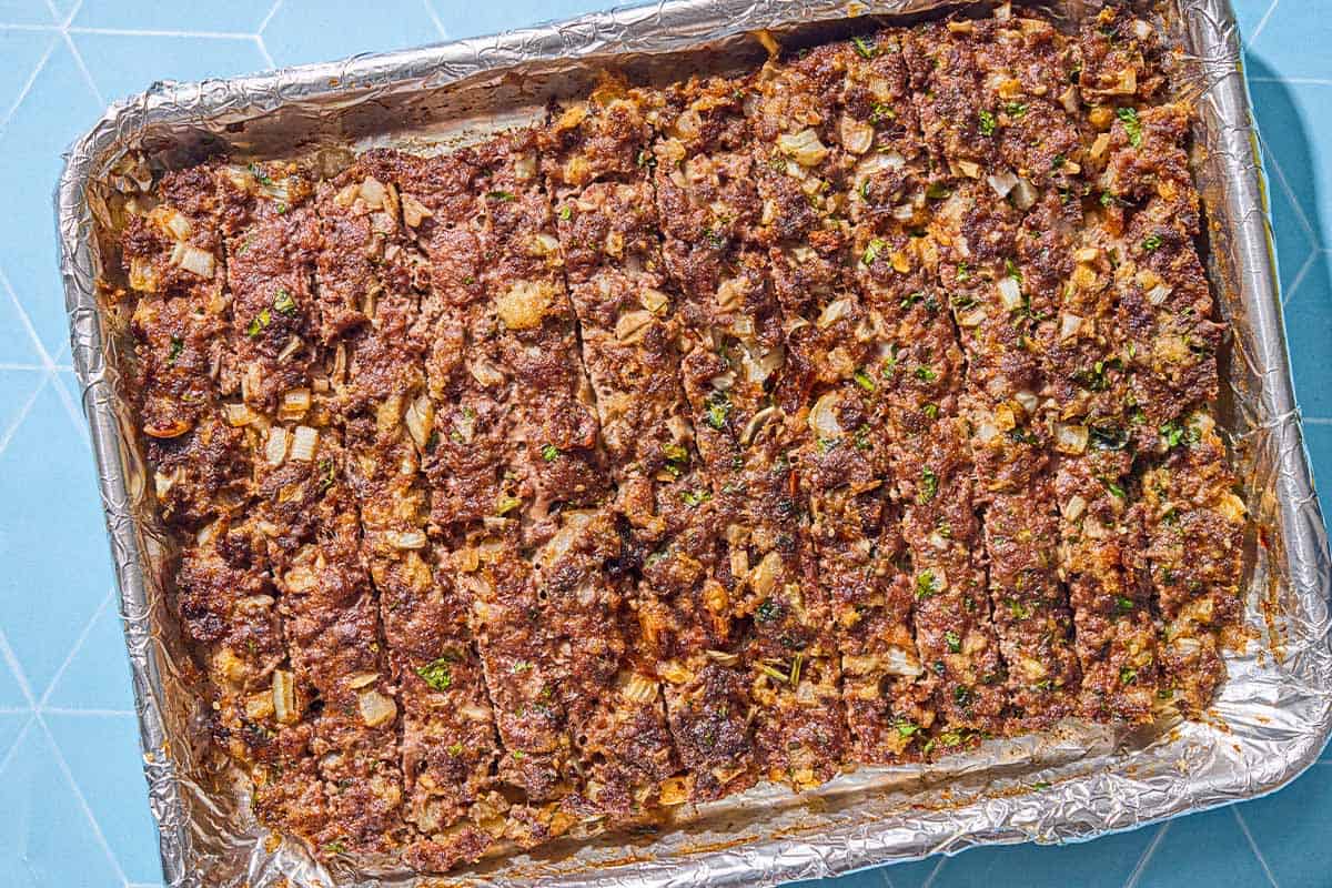 An overhead photo of the sheet pan baked kofta.