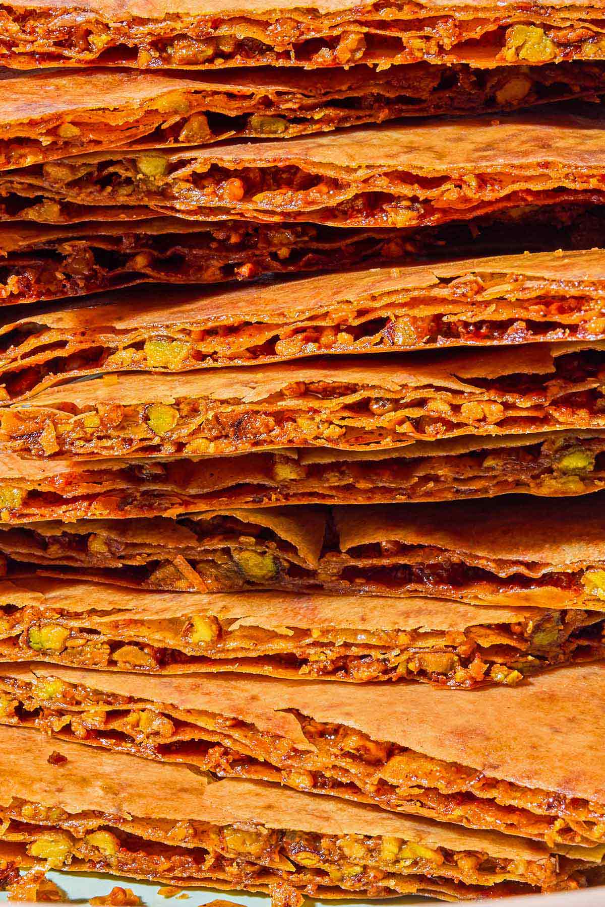 A close up of a stack of baklava bark.