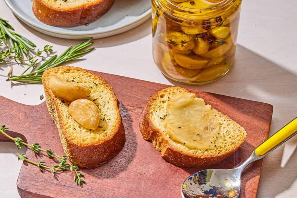 Two slices of bread on a wooden board, one with two whole garlic confit cloves, and one with the garlic confit spread on it. Next to these is a spoon and sprigs of thyme. Behind the tray is a jar of garlic confit, a plate with more bread, and sprigs of rosemary.