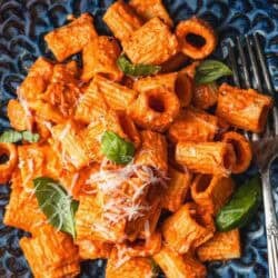 a blue plate with creamy roasted red pepper pasta topped with parmesan cheese and basil with a fork next to a pot of roasted red pepper pasta.