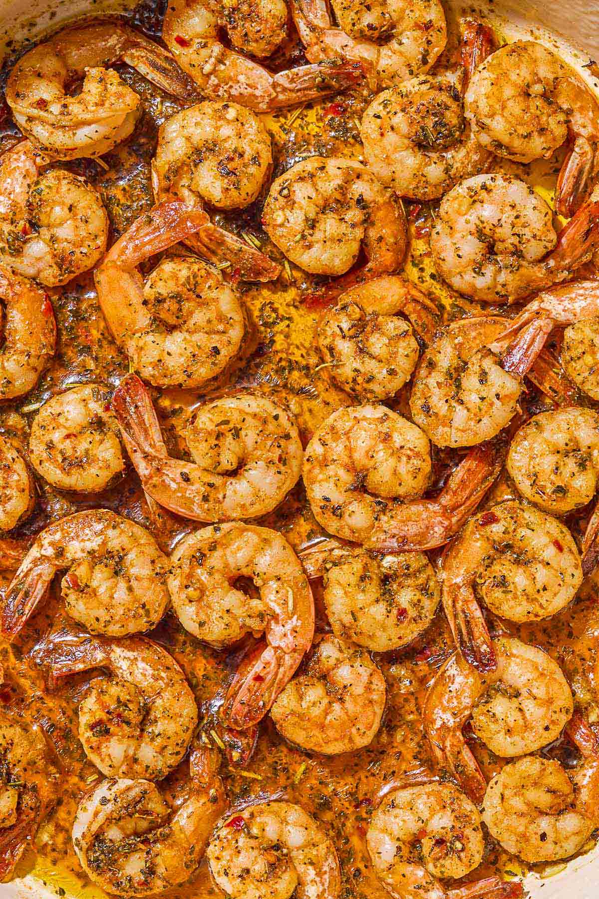 A close up of sautéed shrimp.