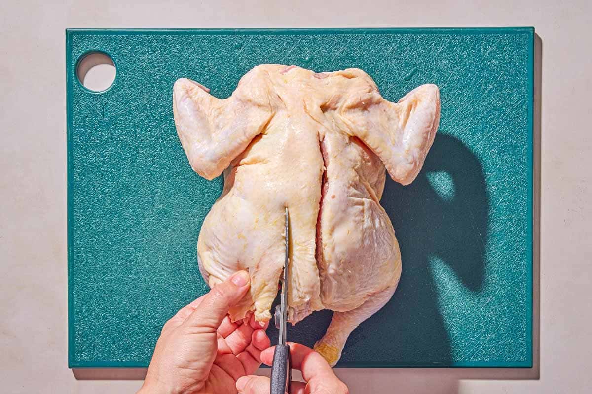 The backbone being cut from a whole raw chicken with a pair of kitchen sheers on a cutting board.