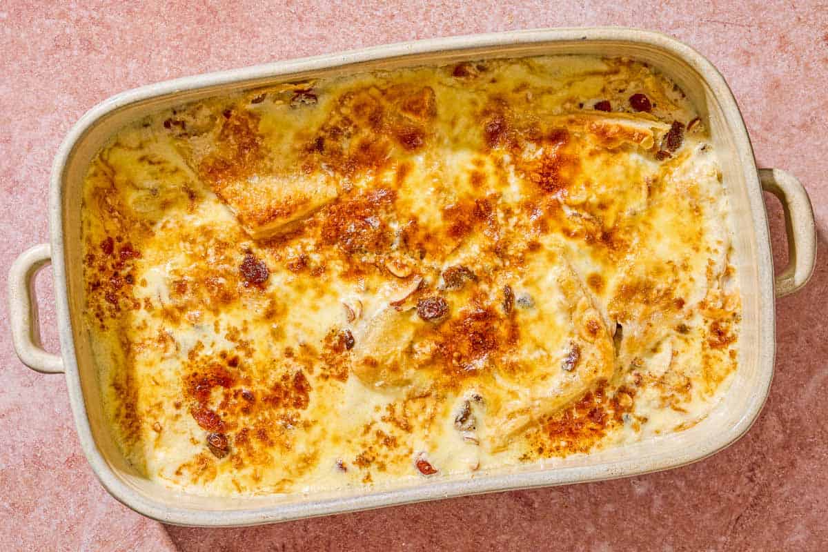 Bread pudding in a baking dish.