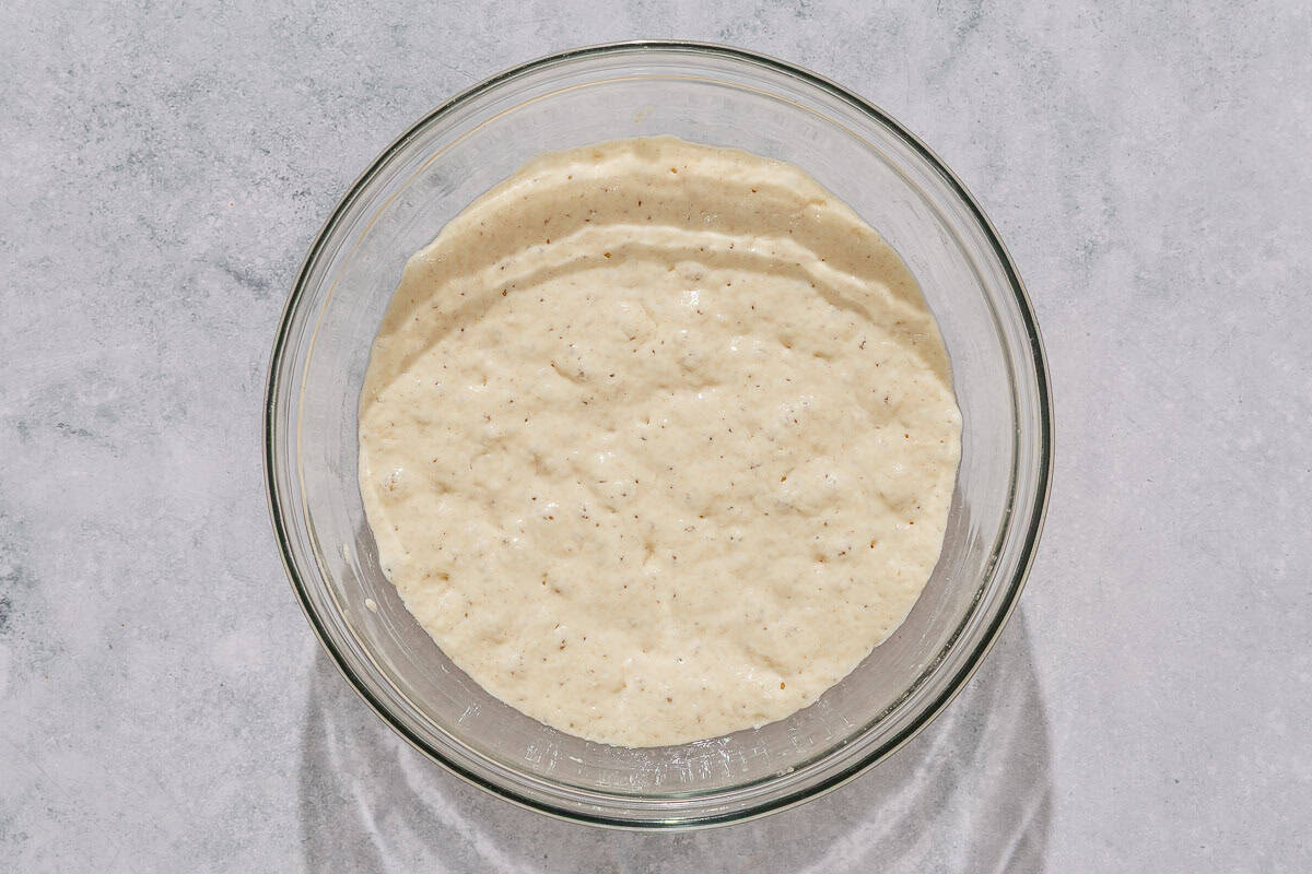 The poolish for the fougasse in a bowl.