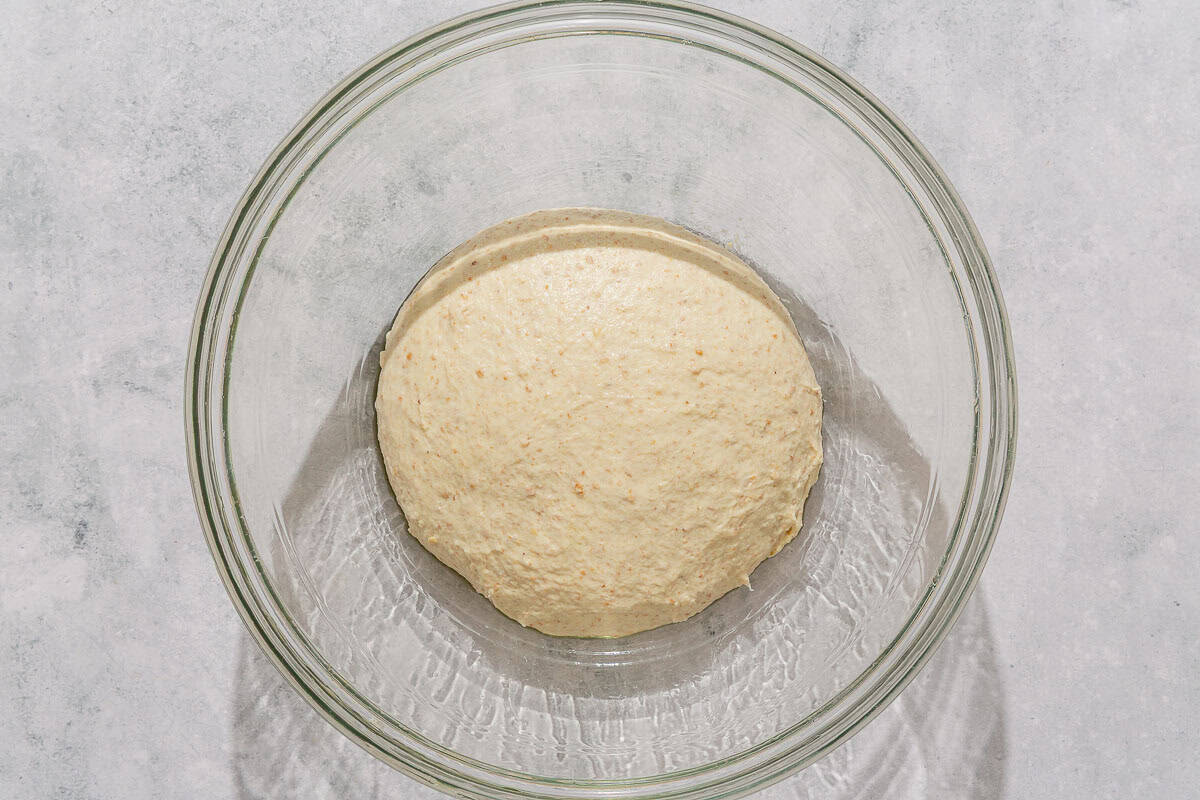 The dough for the fougasse in a bowl before rising.