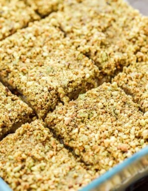 A close up of several no bake dessert bars in a baking dish.