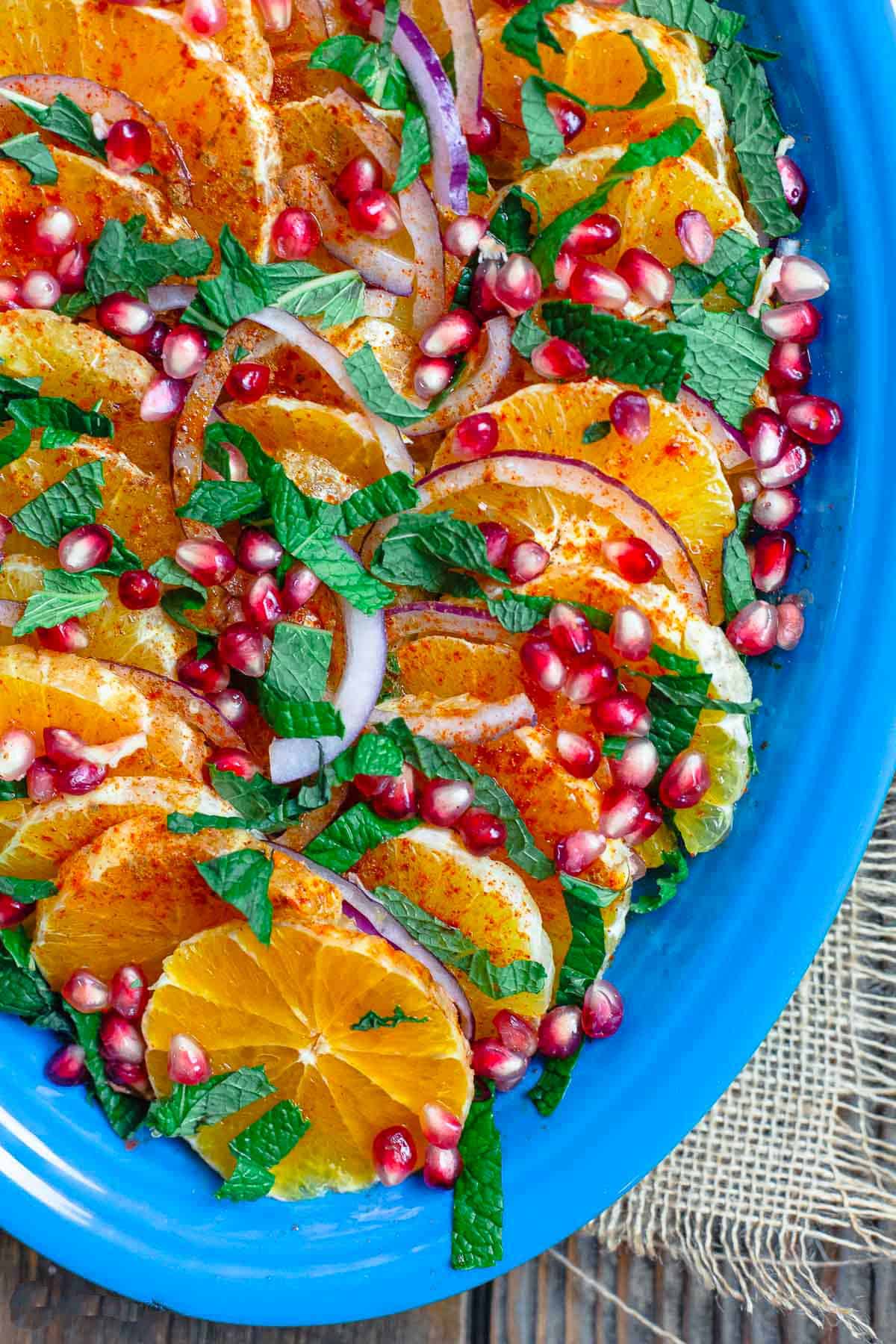 An overhead photo of the pomegranate salad on a platter.