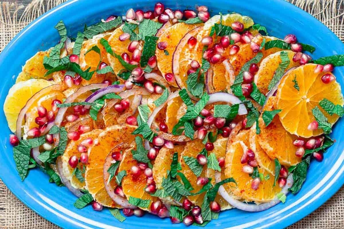 An overhead photo of the pomegranate salad on a platter.