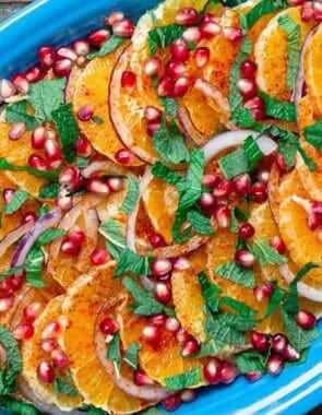 An overhead photo of the pomegranate salad on a platter.