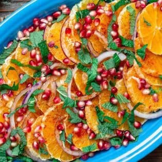 An overhead photo of the pomegranate salad on a platter.