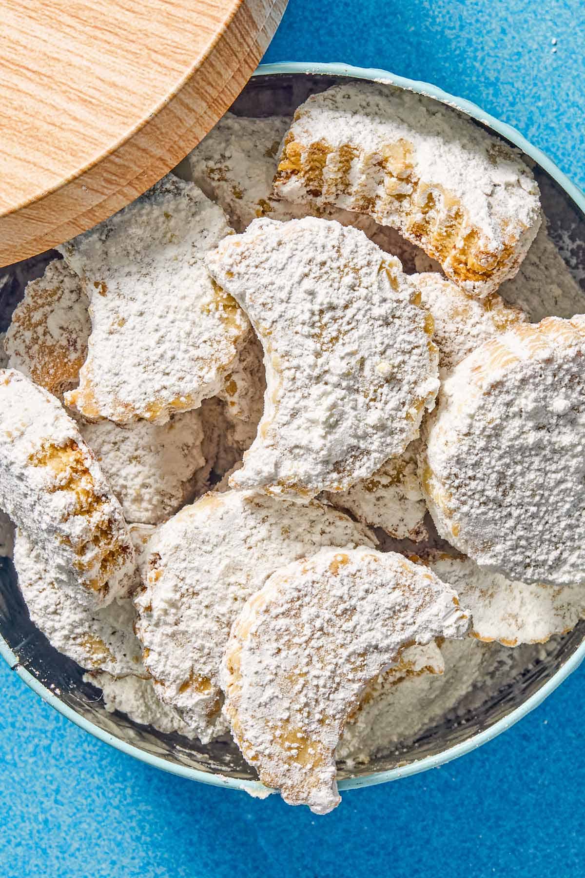 The almond cookies in a tin.