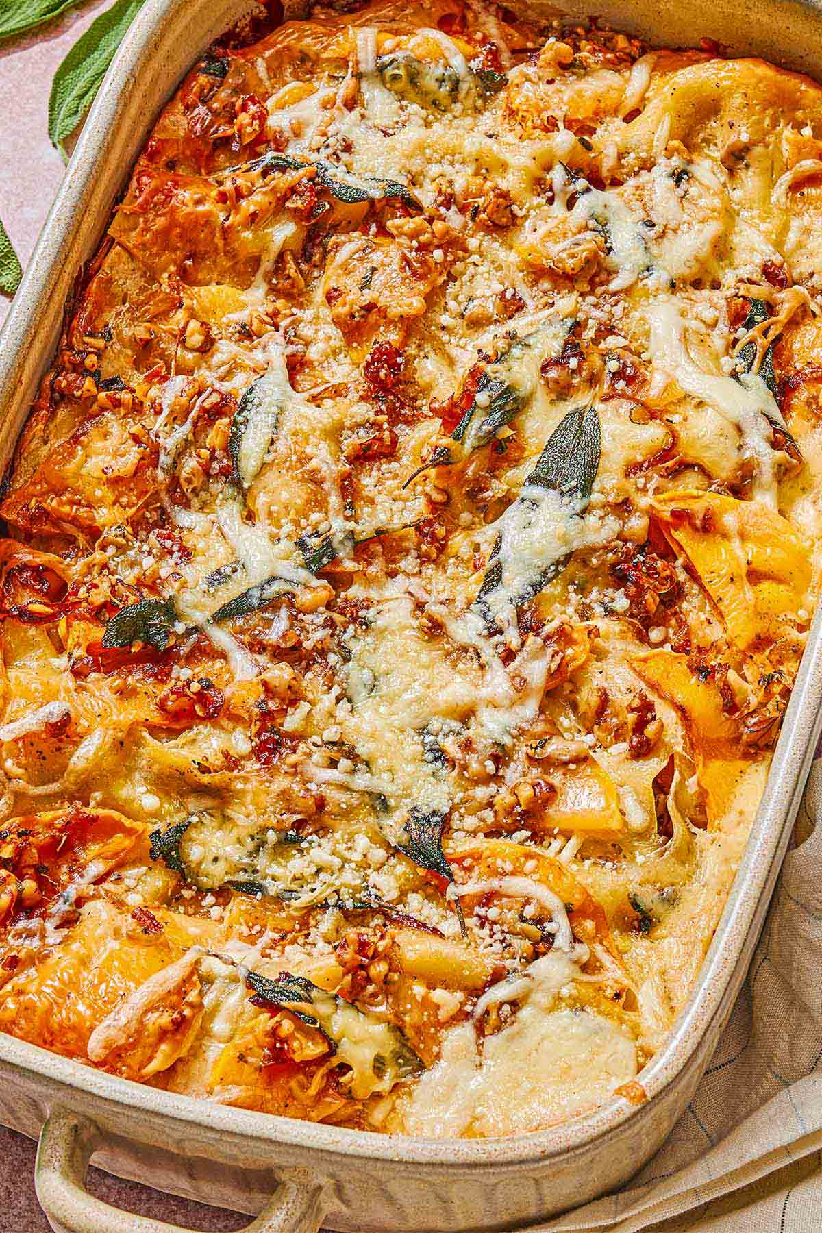 Butternut squash lasagna in a baking dish.