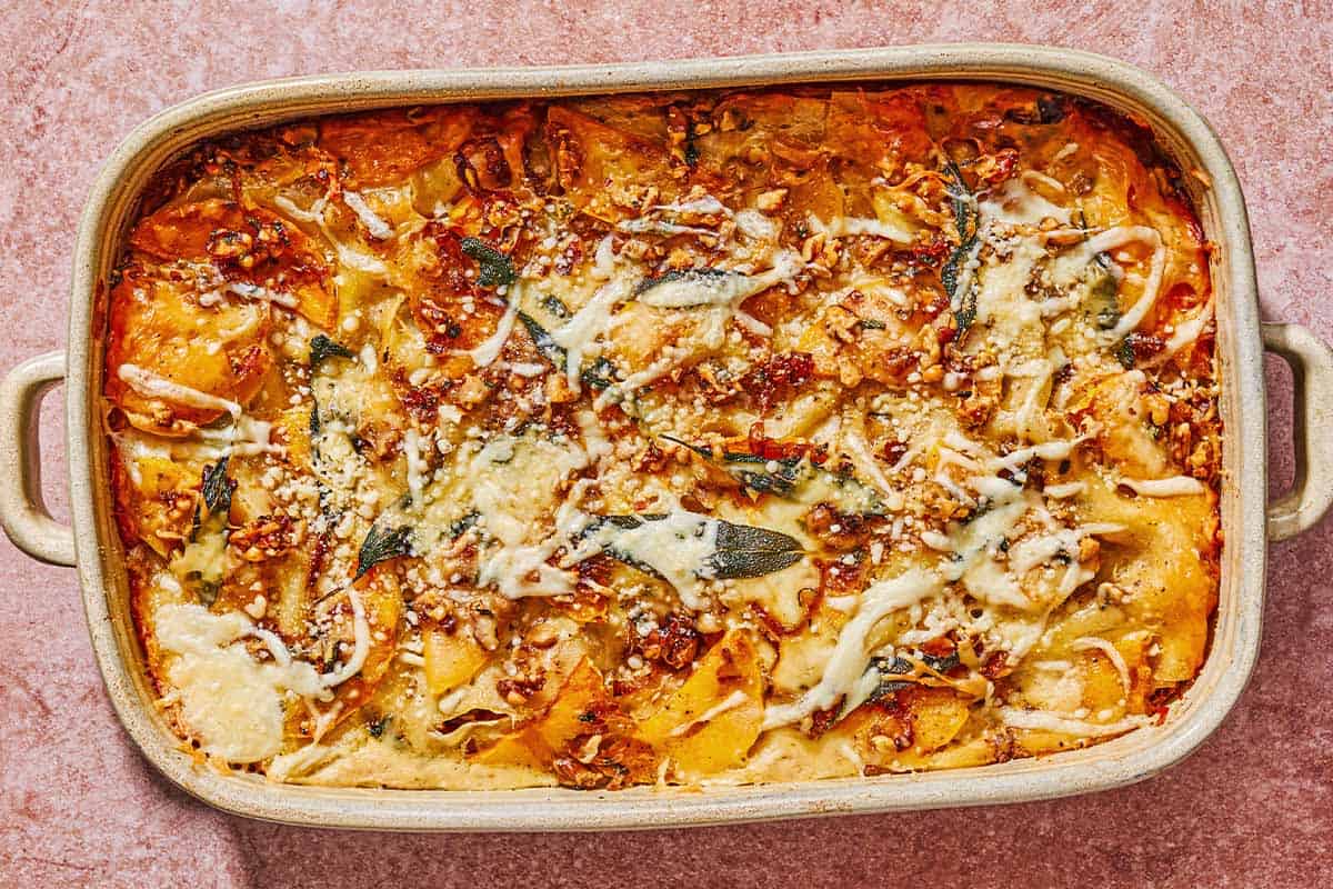 Butternut squash lasagna in a baking dish.