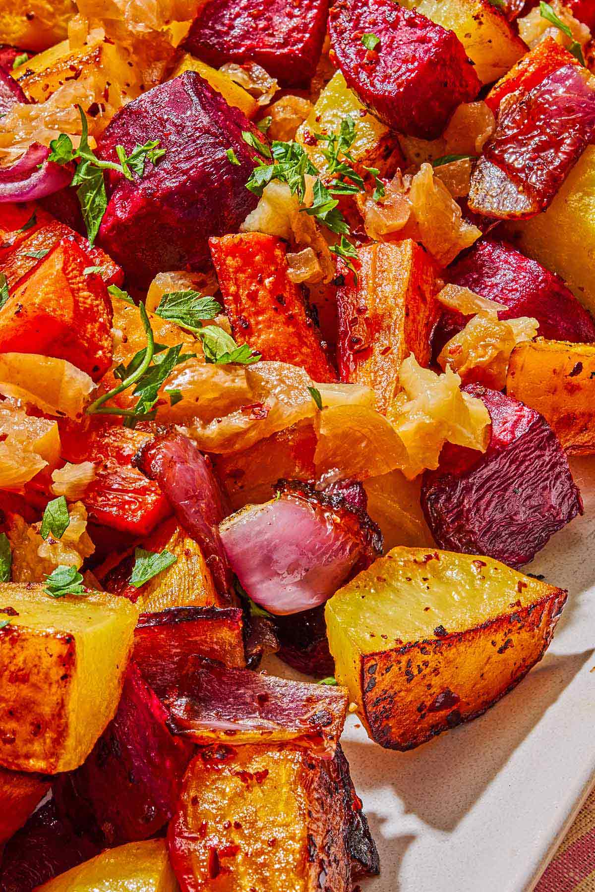 A close up of roasted root vegetables.