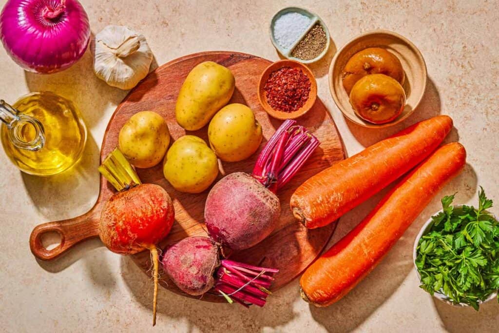 Ingredients for roasted root vegetables including potatoes, carrots, beets, red onion, salt, black pepper, aleppo pepper, olive oil garlic, preserved lemons, and parsley.