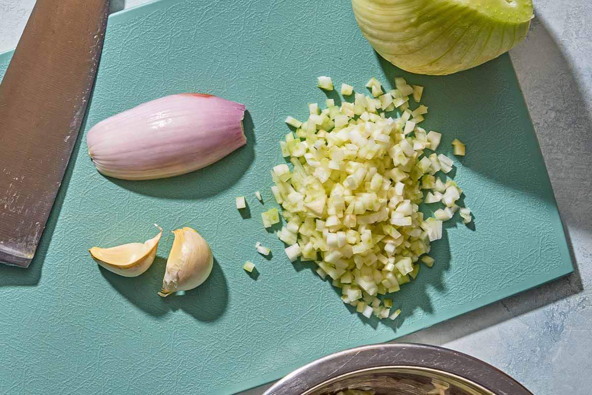 A cutting board with fennel, a shallot, two garlic cloves and a knife.