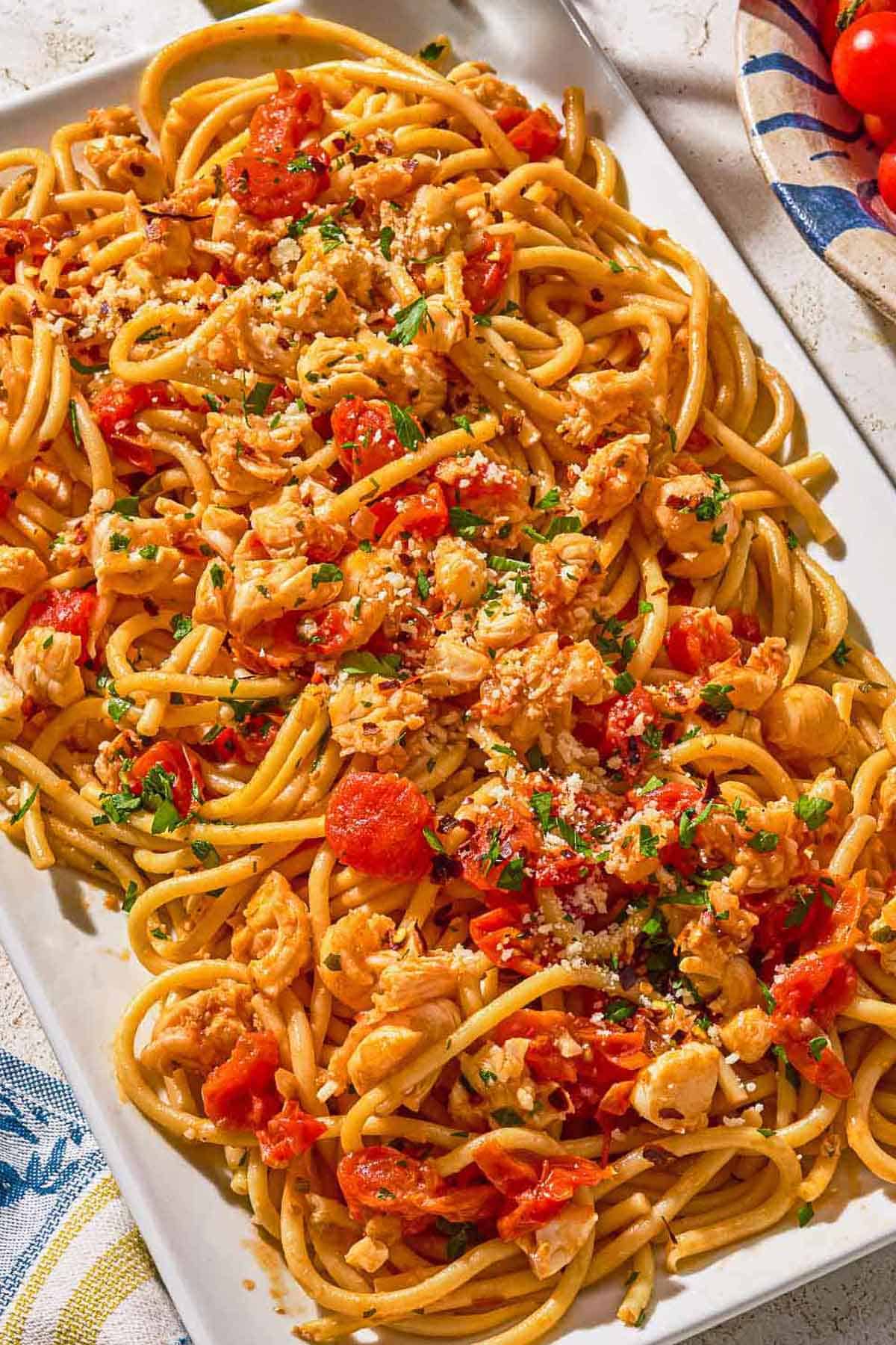 Lobster pasta on a platter.