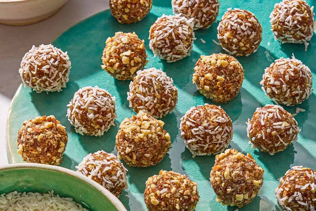 Energy balls spread evening on a platter.