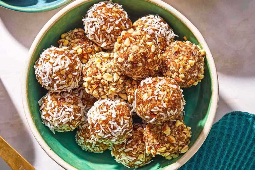Energy balls in a serving bowl.