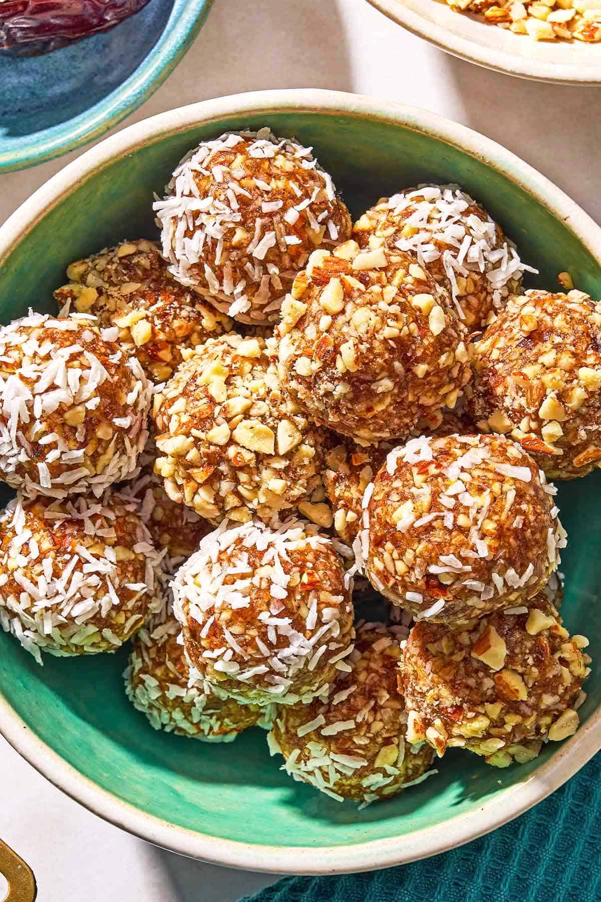 Energy balls in a serving bowl.