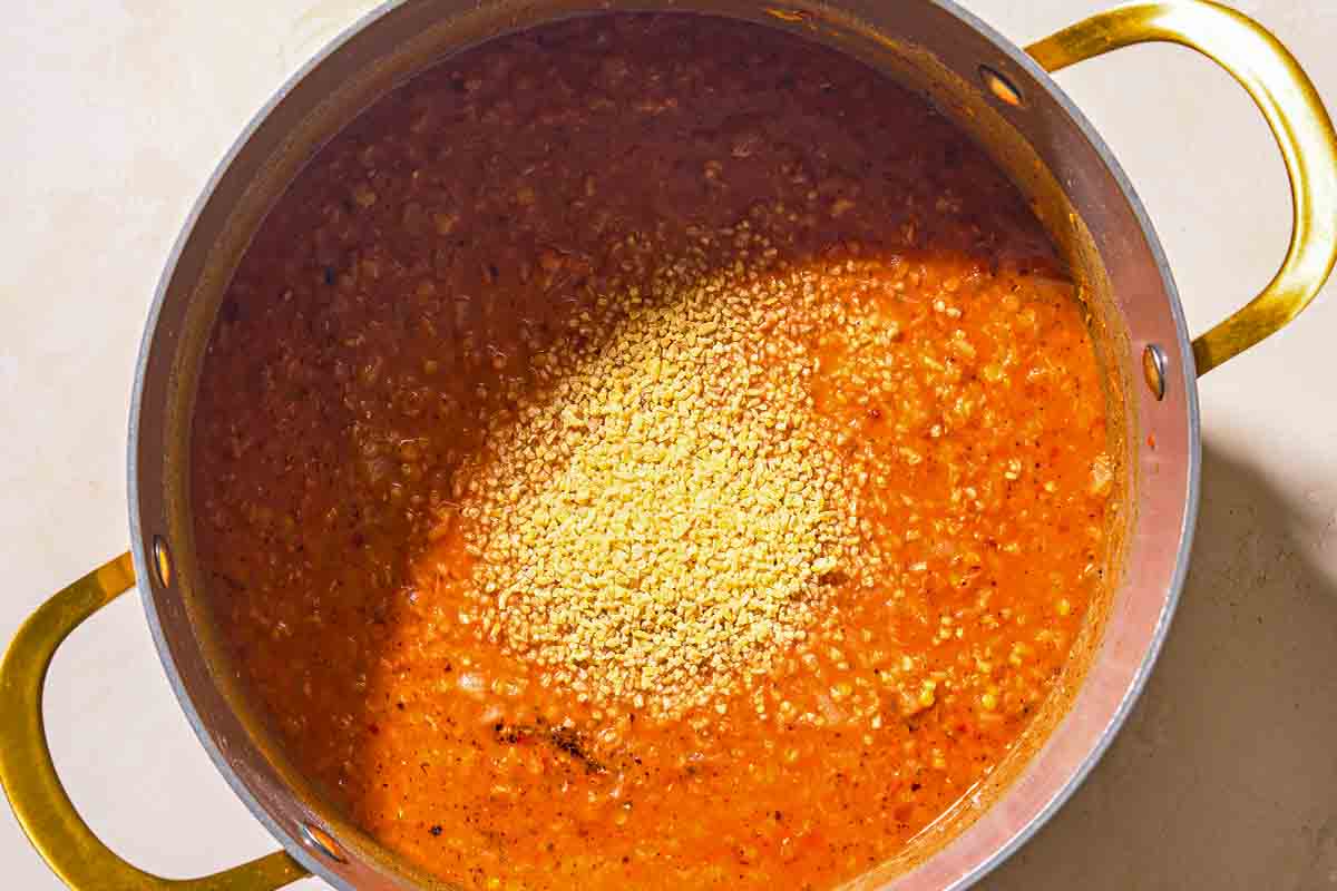 The Turkish lentil stew in a large pot just after the bulgur was added.