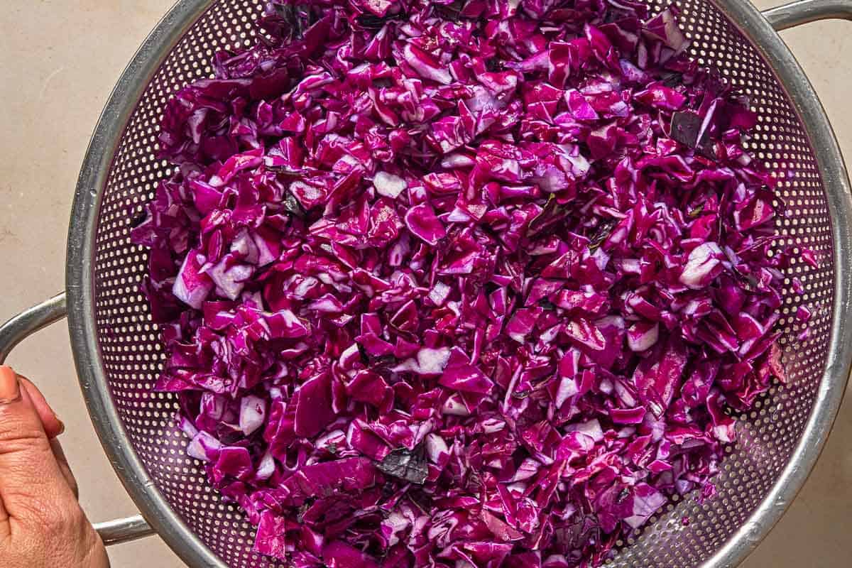 The chopped cabbage for the pickled cabbage in a strainer.