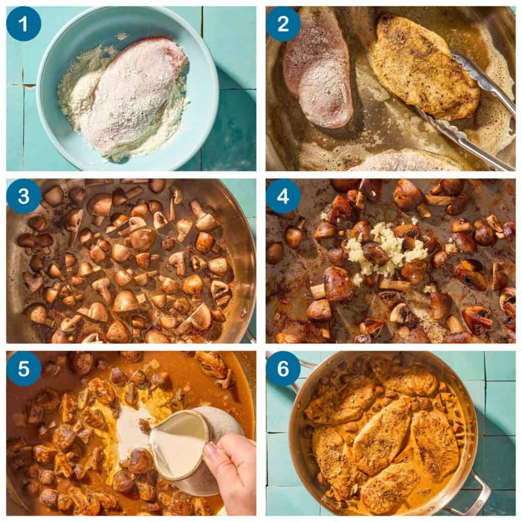 Image grid for chicken marsala. Step 1: a chicken breast being dredged in flour, Step 2: Chicken being seared in a skillet, Step 3: mushrooms being saut&eacute;ed, Step 4: garlic added to the saut&eacute;ed mushrooms, Step 5: cream being added to the marsala sauce, Step 6: the chicken marsala cooking in a skillet.