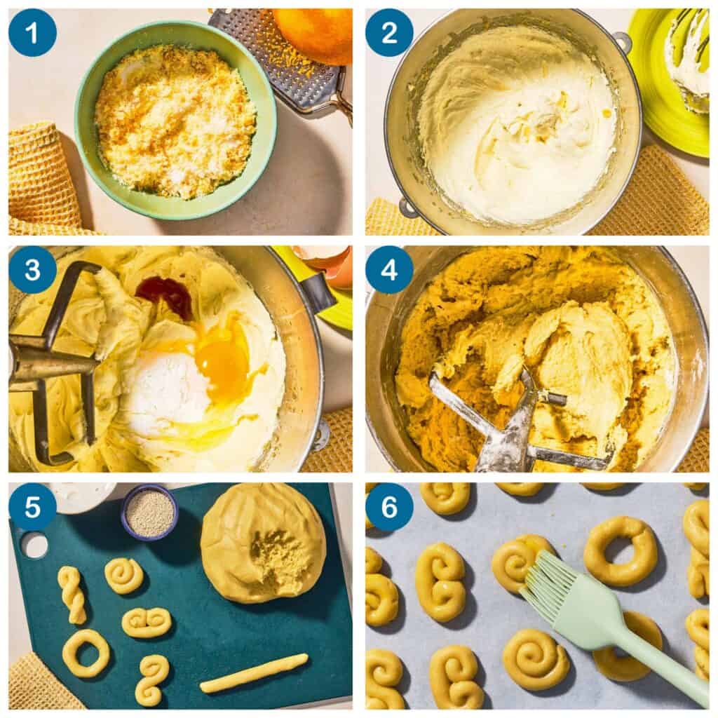 Greek Easter Cookies method shots: 1. combining orange zest and sugar 
2. beating butter, oil, and sugar. 
3 and 4 making the batter. 
5 shaping the cookies 
6. egg washing the cookies before baking

