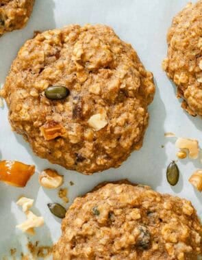Baked breakfast cookies on a sheet pan.