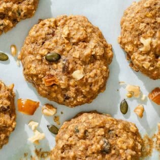 Baked breakfast cookies on a sheet pan.