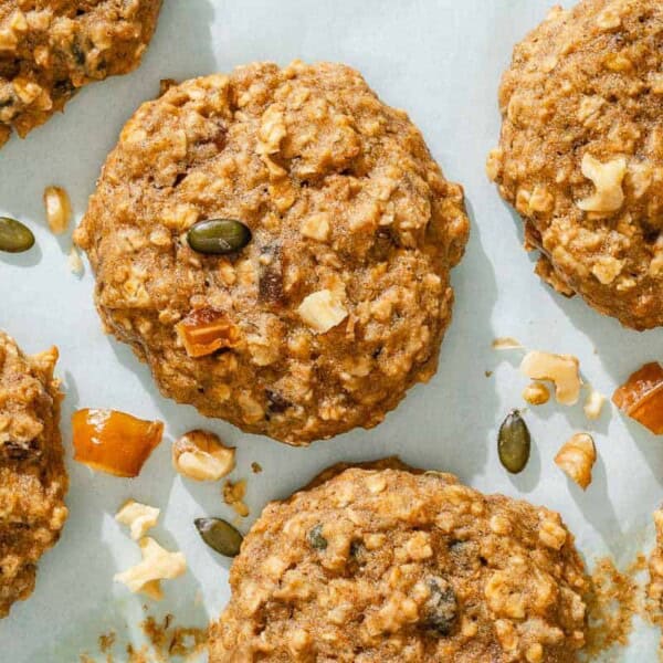 Baked breakfast cookies on a sheet pan.