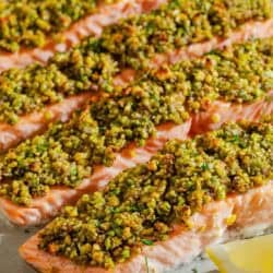 Four pistachio crusted salmon fillets on a platter with lemon wedges.