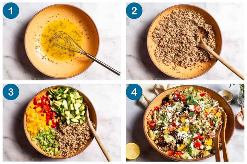 Image grid for mediterranean quinoa salad. Step 1: make the dressing, Step 2: dress the quinoa, Step 3: add the veggies to the cooled quinoa, Step 4: mix the salad together.