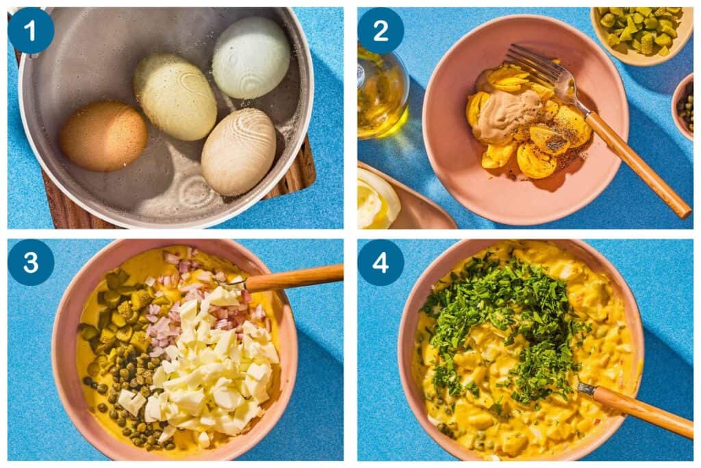 Image grid for Sauce Gribiche. Step 1: Boil the eggs in a pot of water. Step 2: Whisk the egg yolks, seasonings and mustard in a bowl with a fork. Step 3: Put all the sauce ingredients in a bowl before mixing. Step 4: Sprinkle gribiche sauce in a bowl with fresh herbs.