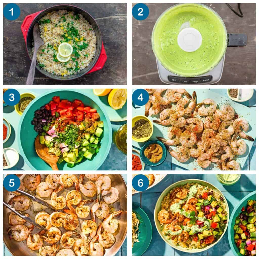 Image grid for the shrimp bowl recipe. Step 1: the greek lemon rice in a pot, Step 2: the green goddess dressing in a food processor, Step 3: the bean salad in a bowl, Step 4: the seasoned raw shrimp on a cutting board, Step 5: the shrimp being sautéed in a skillet, Step 6: the assembled shrimp bowl.