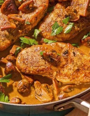 Chicken marsala in a skillet.