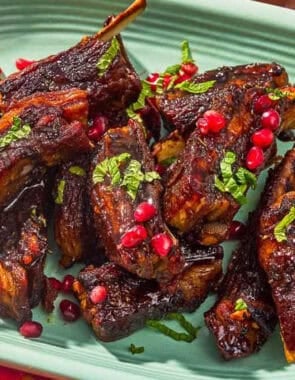 Lamb ribs on a platter.