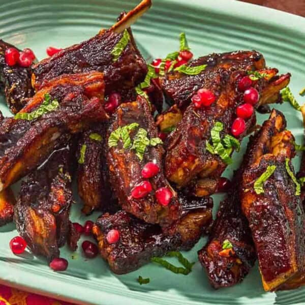 Lamb ribs on a platter.