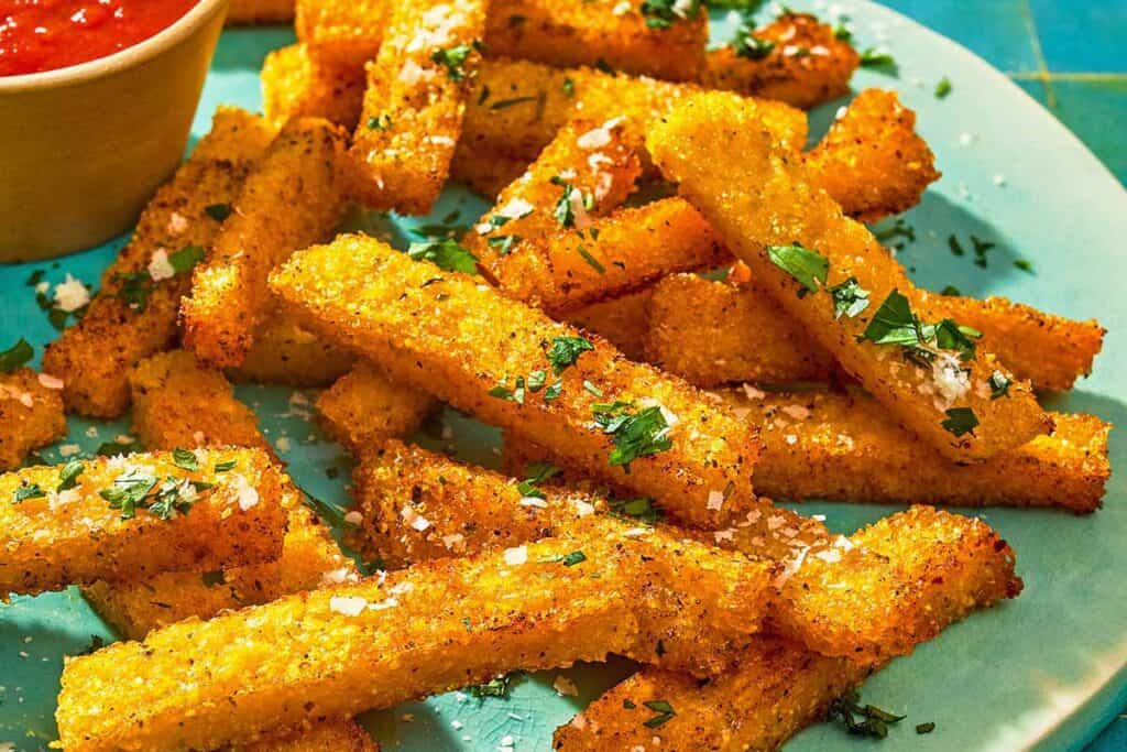 Polenta fries topped with grated parmesan cheese and parsley on a platter with a bowl of marinara sauce.