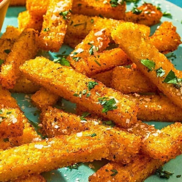 Polenta fries topped with grated parmesan cheese and parsley on a platter with a bowl of marinara sauce.