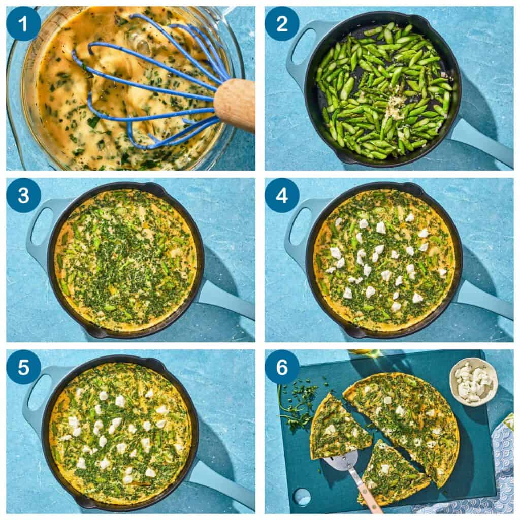 An asparagus frittata in 6 steps. Step 1: whisk together the egg mixture in a bowl, Step 2: sautee the asparagus and garlic, Step 3: place the frittata mixture in a skillet, Step 4: Add the crumbled goat cheese, Step 5: bake the frittata, Step 6: slice and serve the frittata.