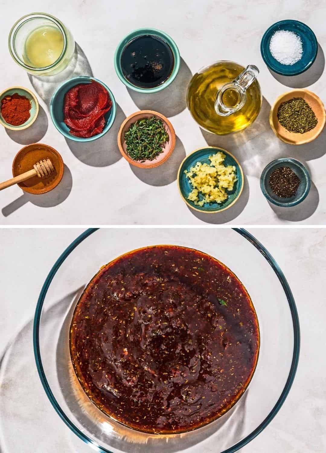 A two photo collage. The top photo shows the ingredients for the balsamic chicken marinade. The bottom shows the marinade in a bowl.