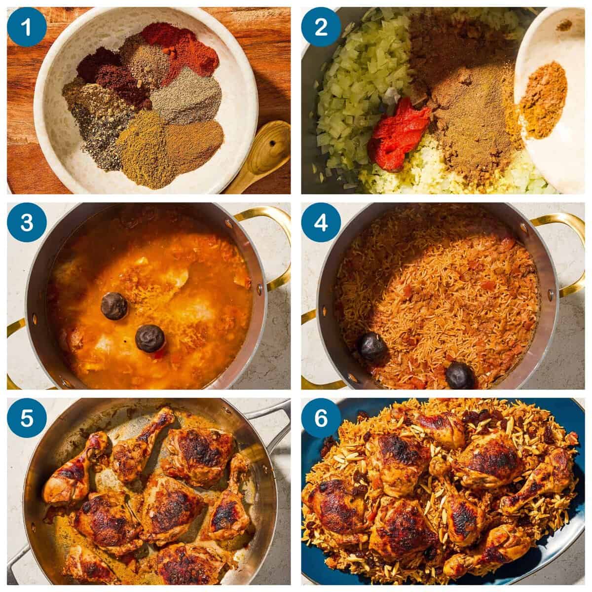 Image grid for kabsa. Step 1: mix the kabsa spice blend, Step 2: add the kabsa spice blend to the sautéed aromatics, Step 3: simmer the chicken in the broth, Step 4: cook the rice, Step 5: broil the chicken, Step 6: finish and serve the kabsa.