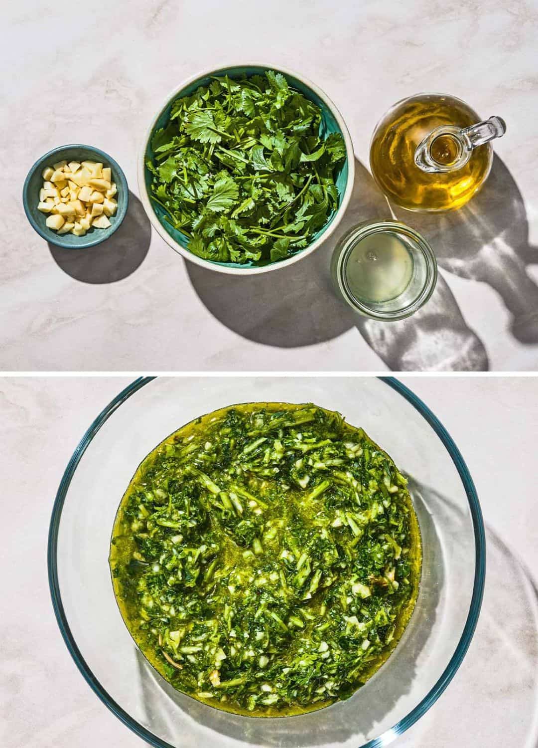 A two photo collage. The top photo shows the ingredients for the cilantro lime chicken marinade. The bottom shows the marinade in a bowl.