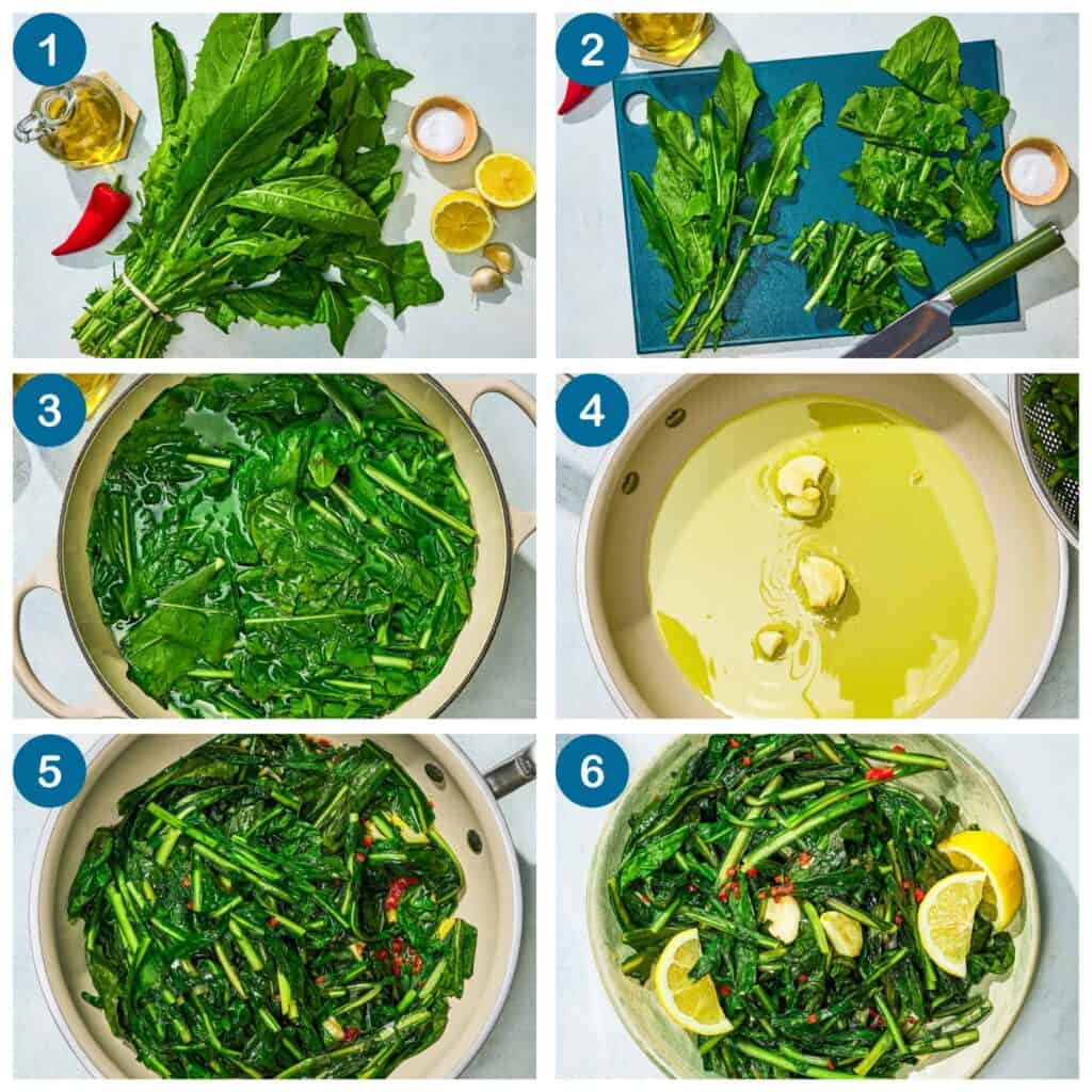 Image grid for dandelion greens. Step 1: gather all ingredients, Step 2: Prep the greens, Step 3: blanch the greens, Step 4: Sauté the garlic, Step 5: Sauté the greens, Step 6: finish and serve on a platter with lemon wedges.