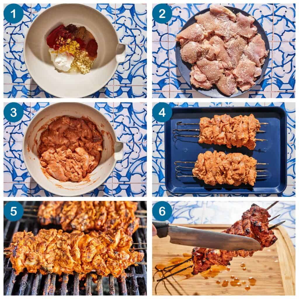 How to make the doner kebab recipe. Step 1: make the marinade, Step 2: season the chicken, Step 3: marinate the chicken, Step 4: skewer the chicken, Step 5: cook the skewered chicken on the grill, Step 6: carve the chicken off the skewers.