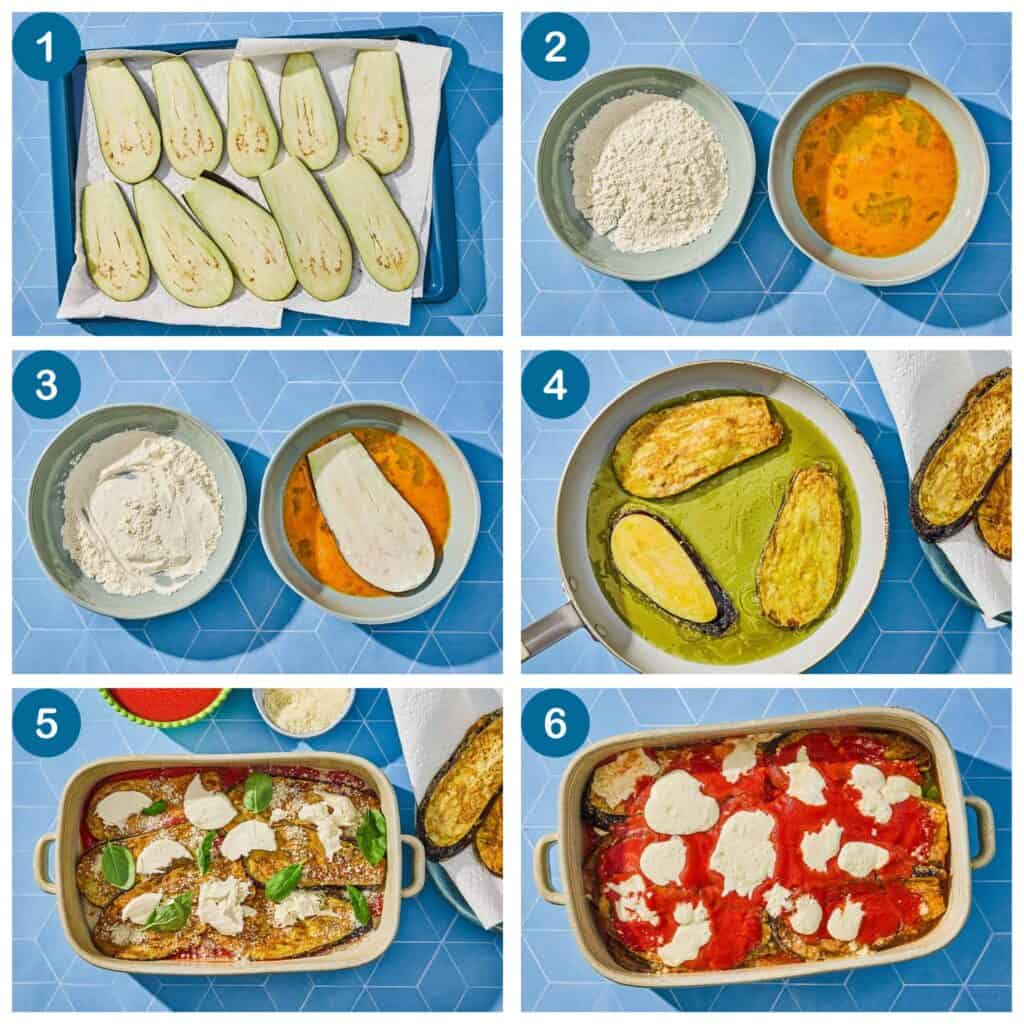 How to make eggplant parmesan. Step 1: salt the sliced eggplant, Step 2: prepare the dredging station, Step 3: put each slice of eggplant through the dredging station, Step 4: fry the eggplant slices, Step 5: Assemble the eggplant parmesan casserole, Step 6: Bake the eggplant parmesan and serve.