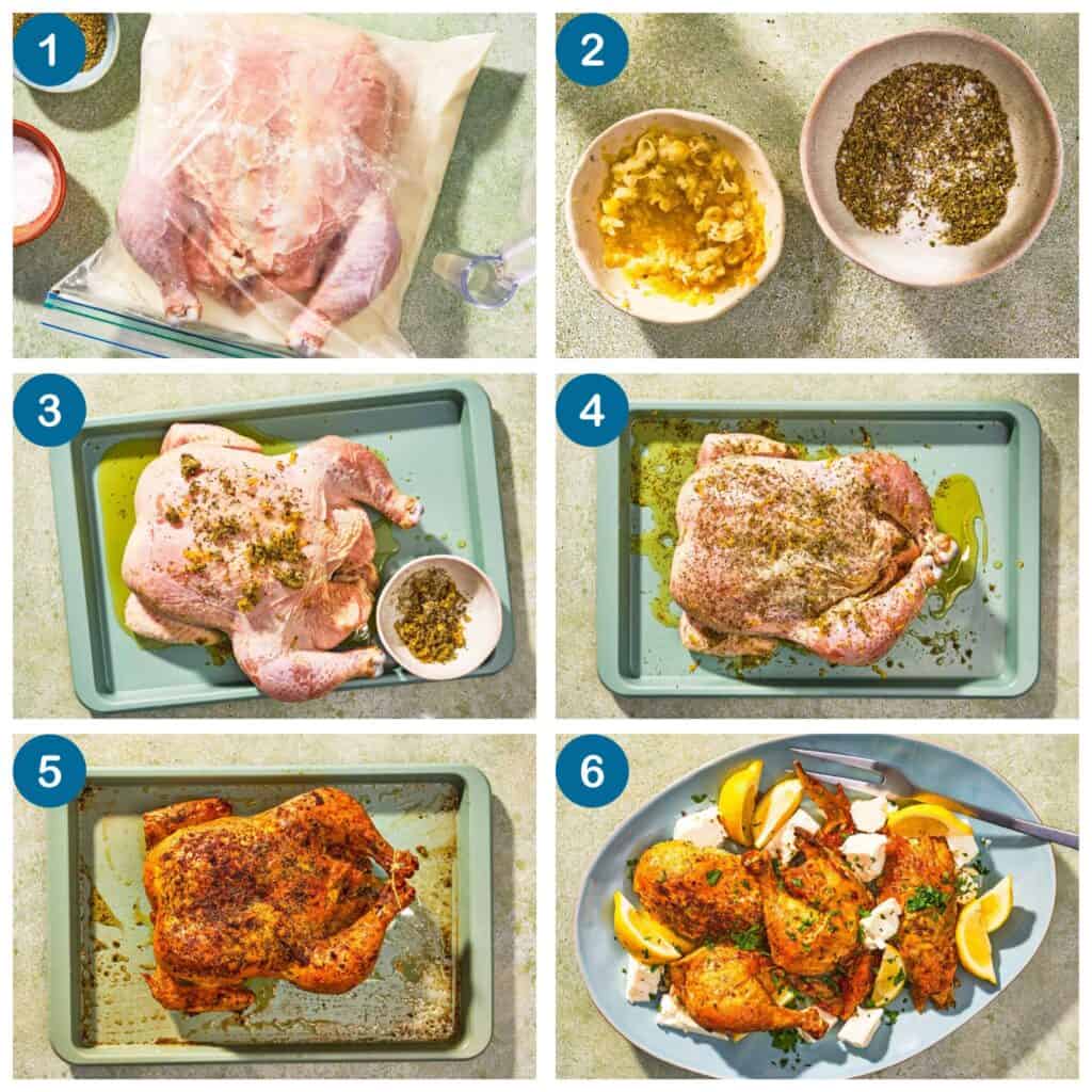 How to make feta brined chicken. Step 1. Marinated the chicken in feta brine, Step 2. Season the chicken. Step 3. Truss the chicken. Step 4. Roast. Step 5: Serve.